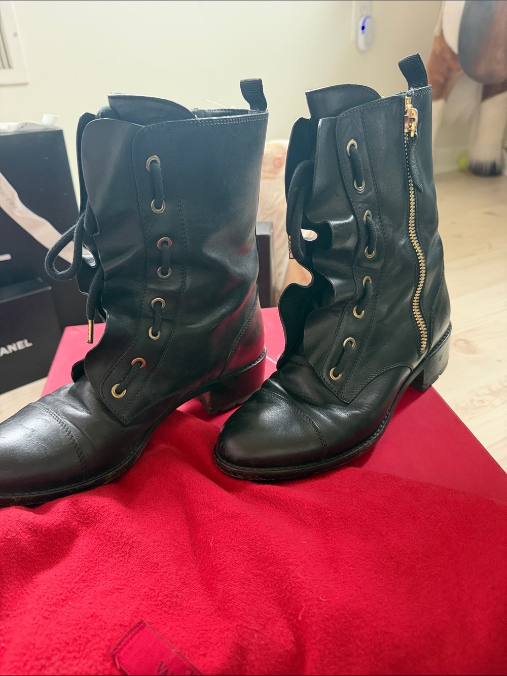 Valentino Black Leather ruffle Lace-Up Ankle moto Boots